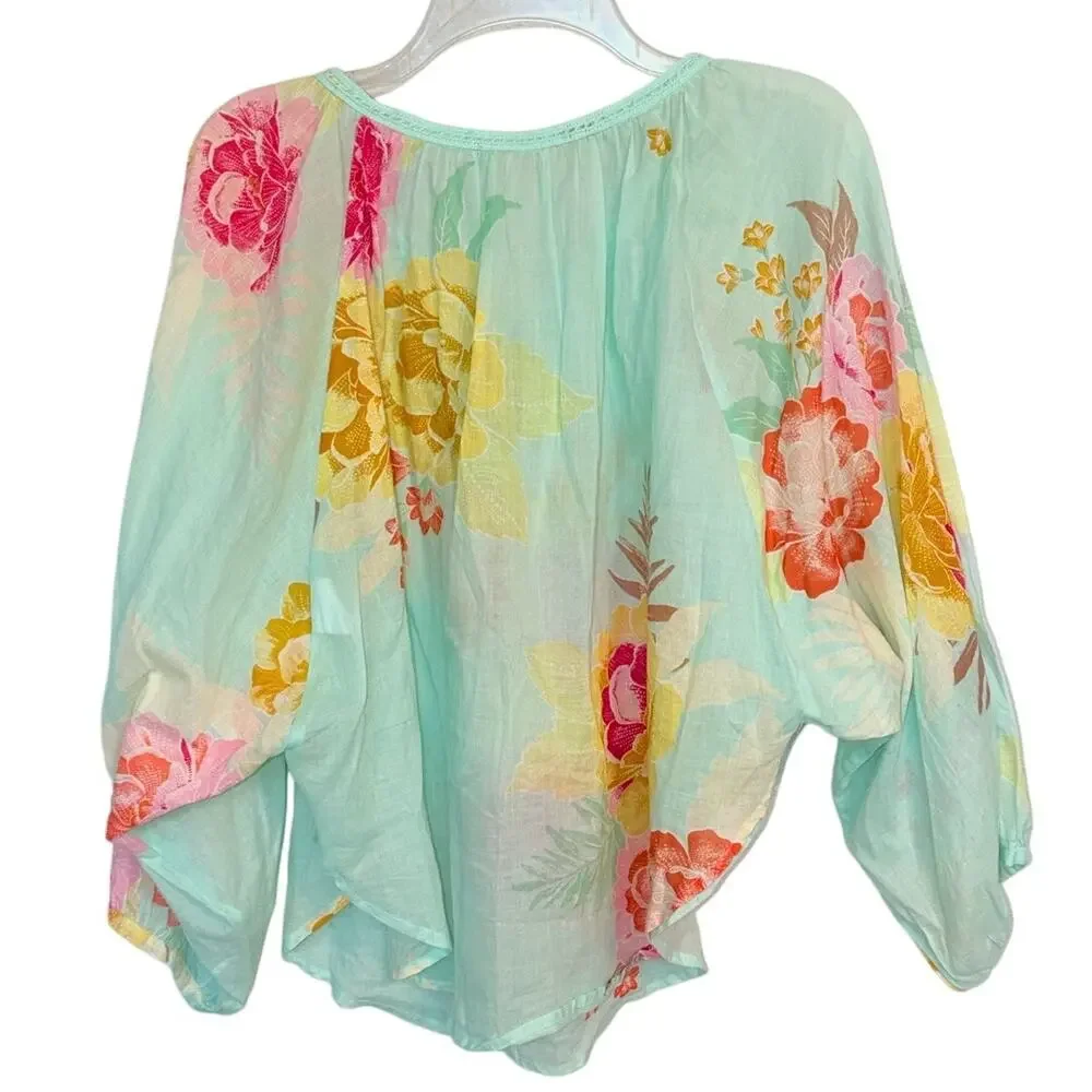 Farm Rio Basel Peasant Top Floral Sheer Cotton Beaded Tassels